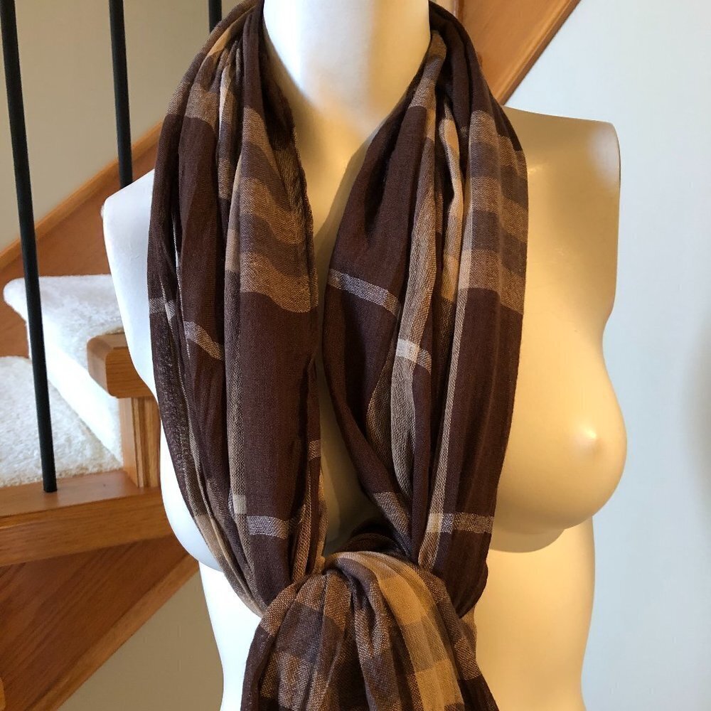 Casual Fall Plaid Check Polyester Scarf/Wrap Brown Tan Taupe White Sz OS